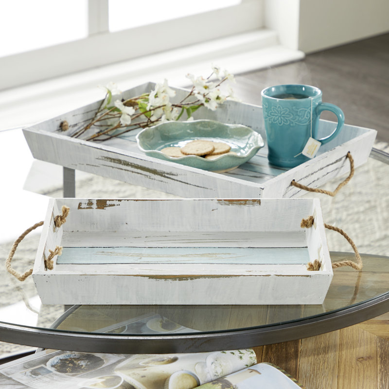 Nautical White and Blue Wood Rectangular Tray Set with Jute Handles