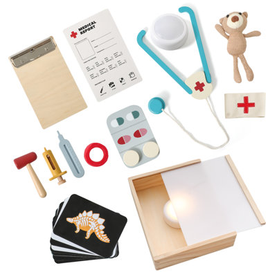 Wooden Doctor and Veterinarian Pretend Play Kit with Light-Up X-Ray Box