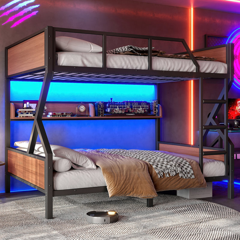 Full Over Full Bunk Bed, Metal Bunk Bed With Storage Shelves And Lights, Space-Saving & Noise-Free Design