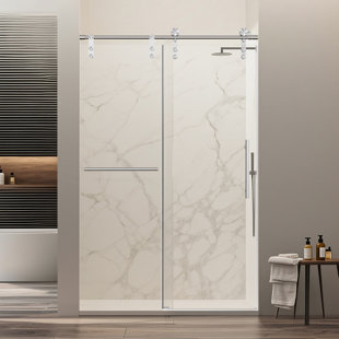 Porte de douche coulissante sans cadre de 50 à 54 po x H 76 po, porte de douche réglable en verre avec barre à serviettes et poignée, verre trempé de 5/16 po de style GSC, chrome (sans fermeture en douceur)