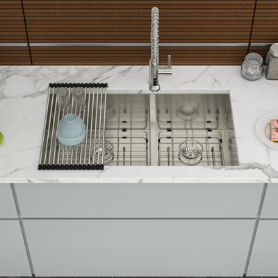 28"X19" 60/40 Double Bowl Undermount Stainless Steel Kitchen Sink 16 Gauge, 10" Deep Basins, Rear 3.5 Drain, Engineered X Grooves, 3Mm Soundproofing, Condensation Coating, Package With Drying Rack,