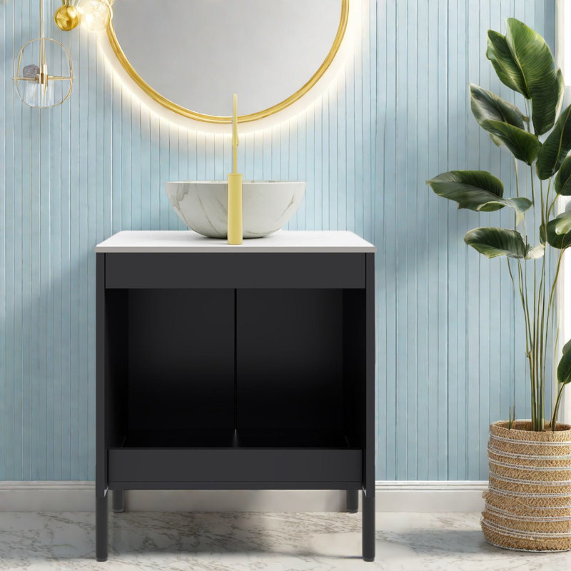Ensemble de meuble-lavabo moderne noir avec lavabo en céramique durable et grand rangement