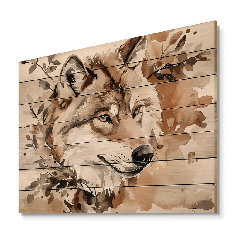 Aquarelle de loup fantaisiste en automne - Art mural moderne sur bois de pin naturel, H 34 po x l 44 po