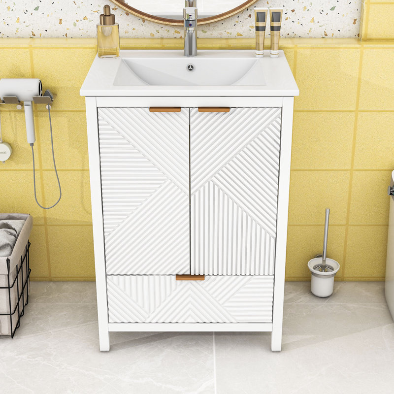 Meuble-lavabo de salle de bain avec lavabo, tiroir à fermeture en douceur et grand espace de rangement, Blanc