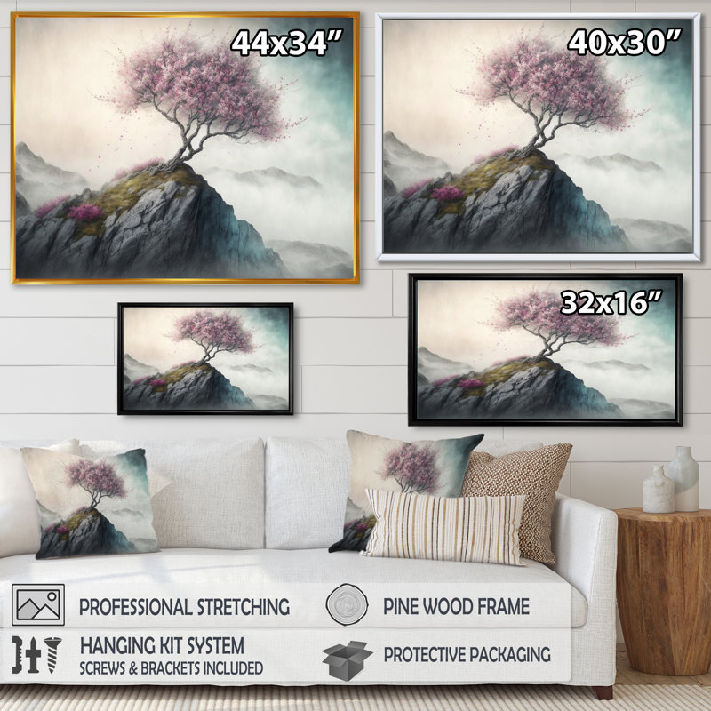 Mountain Top Cherry Blossom V - Art mural moderne sur toile, Cadre photo noir, L 32 po x H 16 po