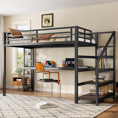 Lit mezzanine simple TG avec bureau, escalier de rangement, lumières DEL et ports USB, panneaux en filet de fer, sans sommier, silencieux, noir