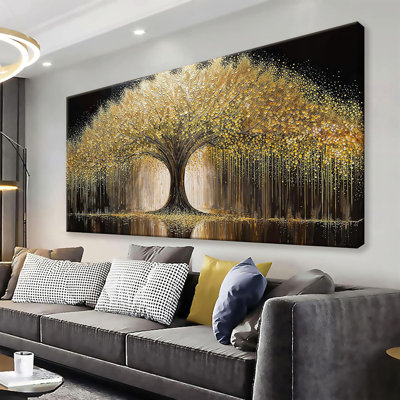 Golden Tree Of Life Wall Art Decor Prints Ready To Hang Room Wall Decor Modern Wall Art For Living Room Kitchen Office Canvas Prints Bedroom Decor 24X48 Inch