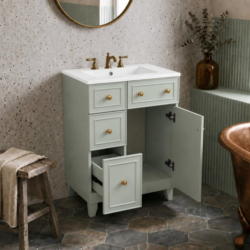 Meuble-lavabo compact autoportant avec lavabo en céramique et 2 tiroirs, Vert sauge