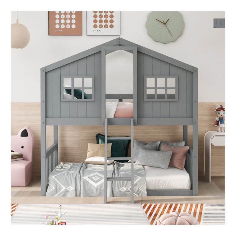 Twin Over Twin House Bunk Bed With Ladder, Wood Bed-Grey