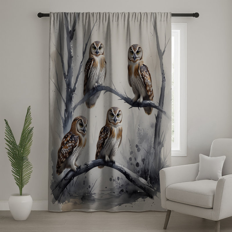 Quatre hiboux sur une branche, rideaux transparents et occultants - 1 panneau, 50 po x 92 po - 1 panneau, Blocage