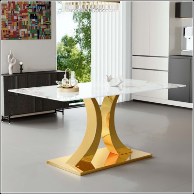 Table de salle à manger en verre trempé avec texture en marbre et pieds à double forme