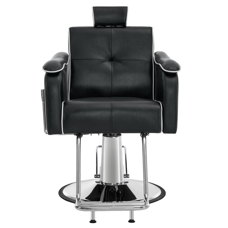 Fauteuil inclinable robuste Lody, fauteuil de coiffeur pivotant à pompe hydraulique, Similicuir noir / blanc