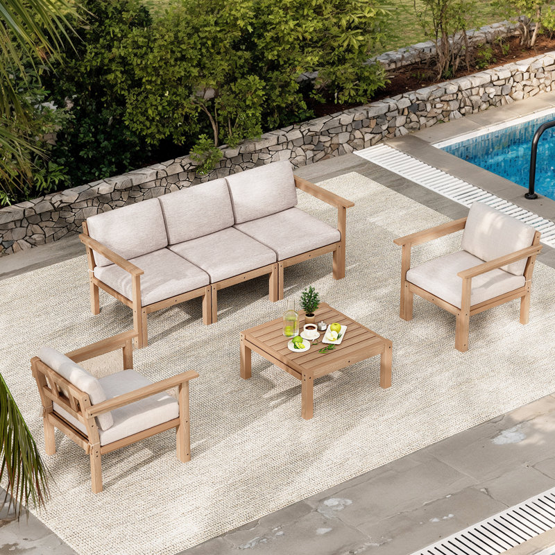 Ensemble de conversation modulaire de patio pour 5 personnes avec coussins, ensemble de conversation de 6 pièces imperméable à l'eau toutes saisons pour canapé, teck