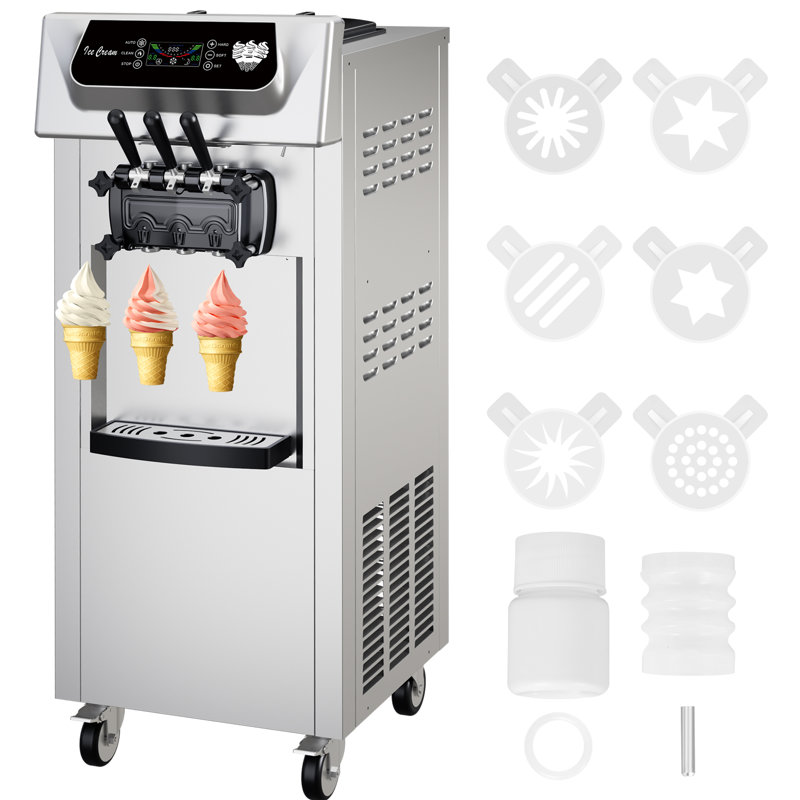Machine à crème glacée à haut rendement à service doux - 2200 W, 2 + 1 saveurs, acier inoxydable vertical, écran ACL, nettoyage automatique et pré-refroidissement, 5,8 à 8 gallons par heure, pour les restaurants, les grignotines