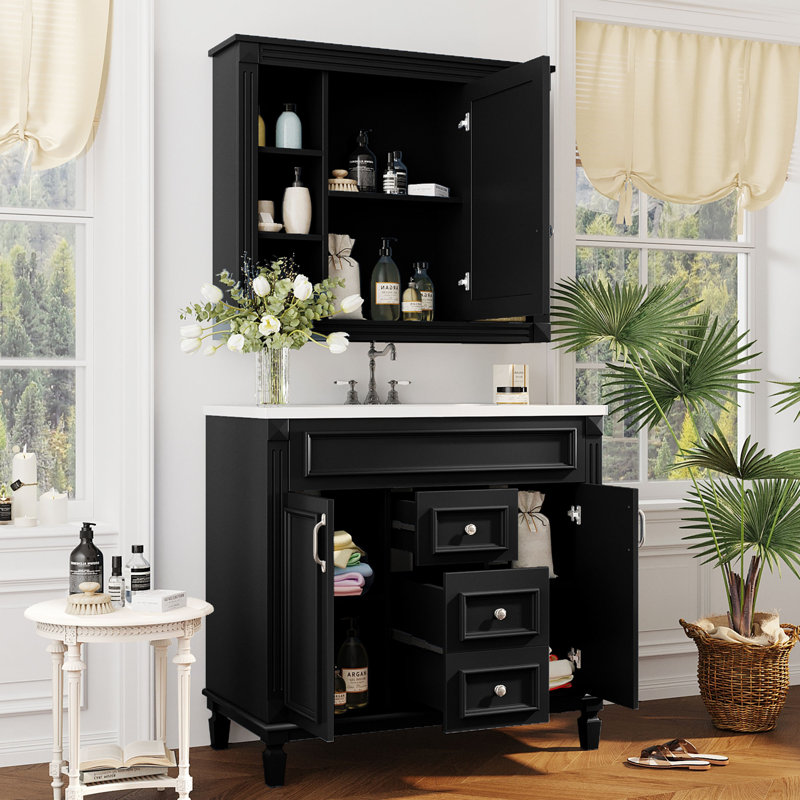 Meuble-lavabo 36 po avec lavabo supérieur, Noir, Argent argent