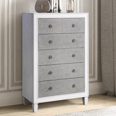 Commode 5 tiroirs Katia en gris rustique et blanc vieilli