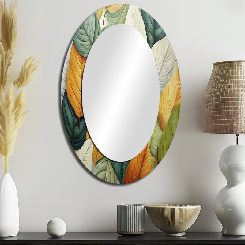 Miroir mural ovale vert et jaune avec feuilles tranquillité II, 36 po x 24 po