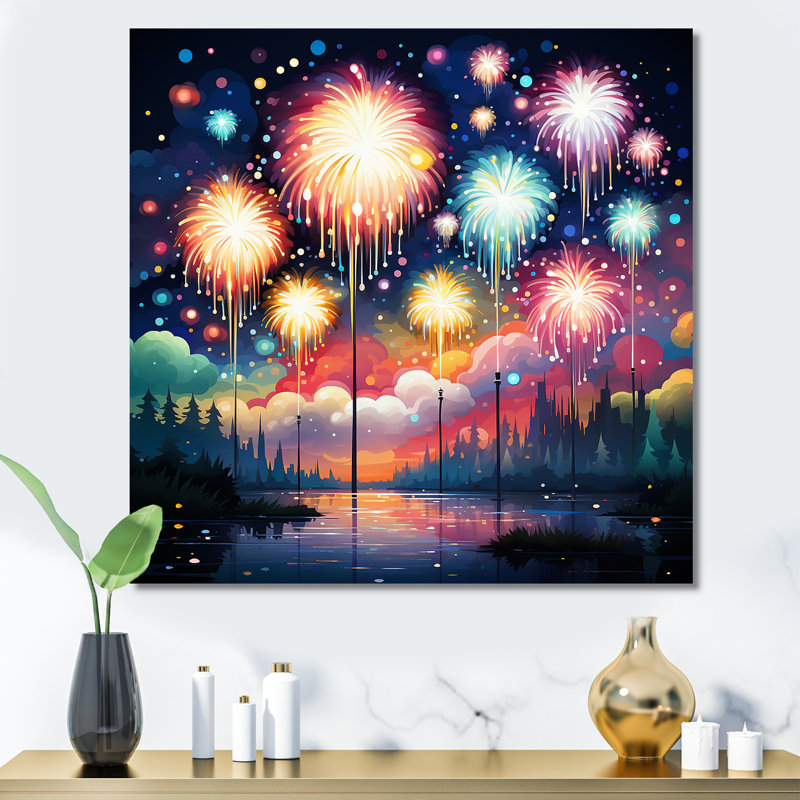 Feux d'artifice bleus et roses au bord du lac - Art mural, Toile tendue, H 16 po x l 16 po x P 1 po