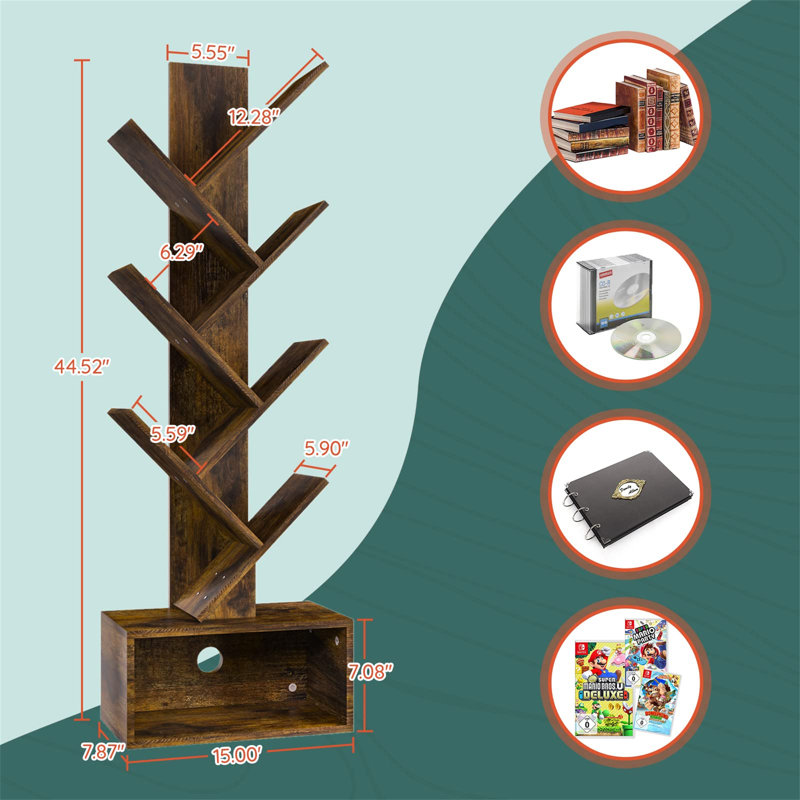6-Shelf Retro Tree Bookshelf, Floor Standing Bookcase For Books & Media