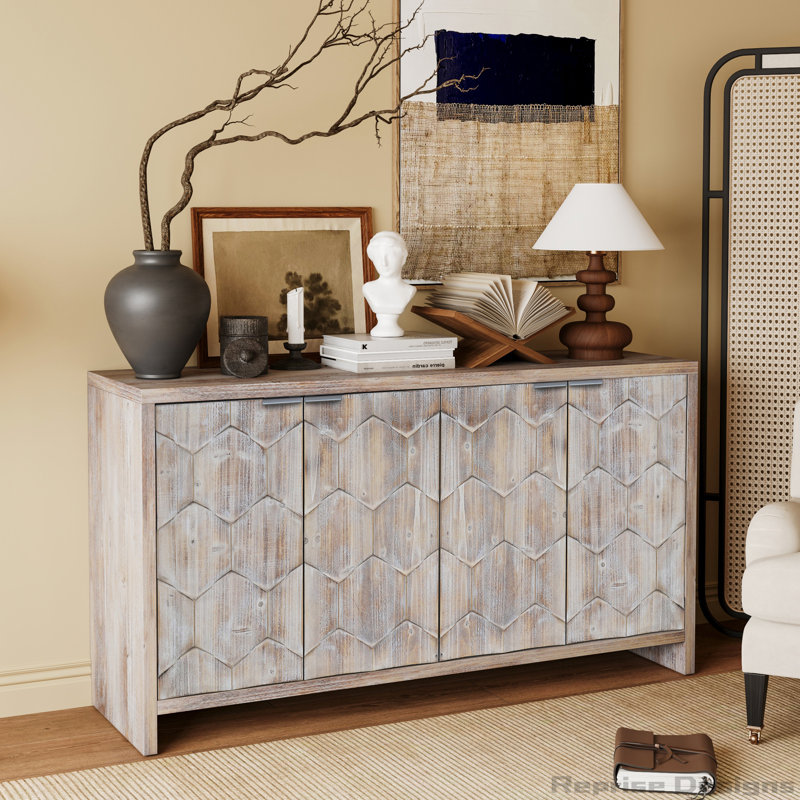Farmhouse Style 4 Door Wooden Cabinet, Natural Wood Wash