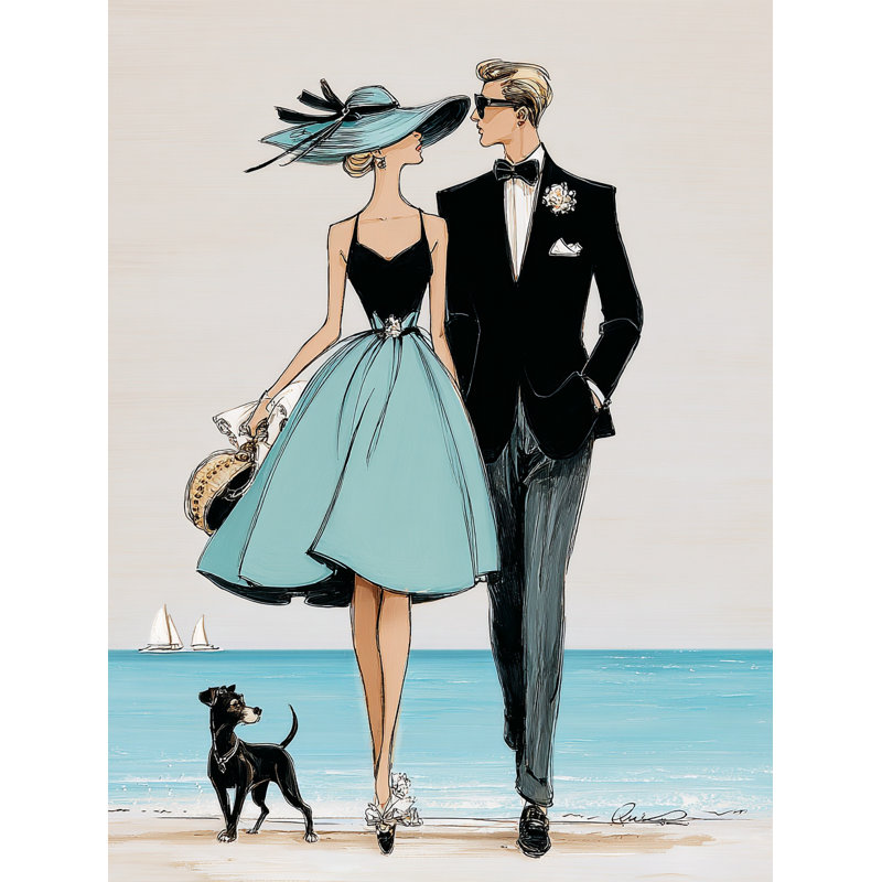 «Elegant Couple Walking by the Sea with Dog», art mural sur toile tendue, H 40 po x l 30 po