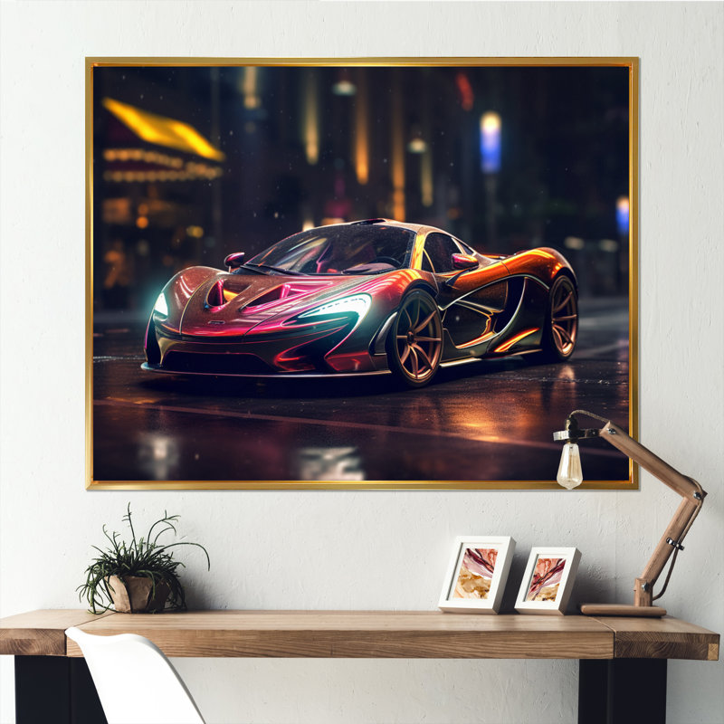 «Exotic Car In The Neon Streets I», reproduction sur toile, Cadre flottant doré, H 24 po x l 32 po x P 1 po