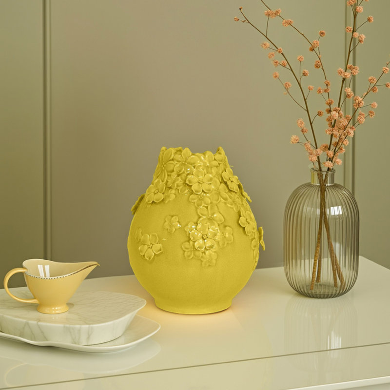 Vase à fleurs Remi, céramique décorative jaune avec motifs floraux, 11 pouces