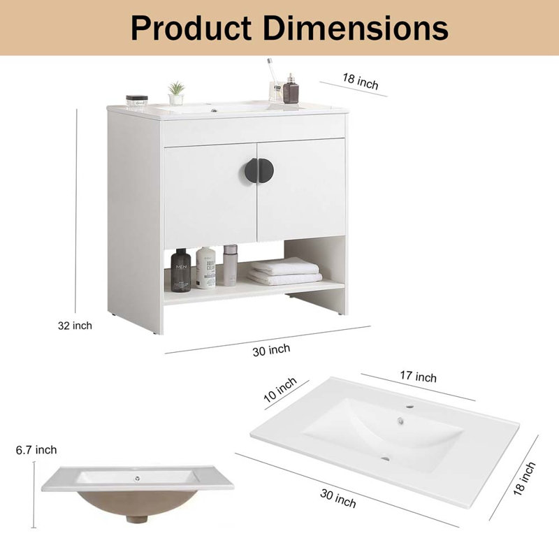 29.9'' Single Bathroom Vanity with Ceramic Top, White