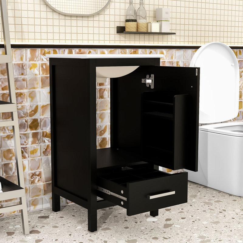 Meuble-lavabo compact compact avec porte à fermeture en douceur, rangement double couche et lavabo en céramique, Noir