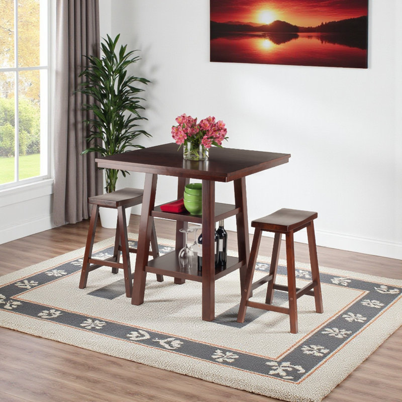Ilianne High Table with Saddle Seat Counter Stools, Walnut, 3
