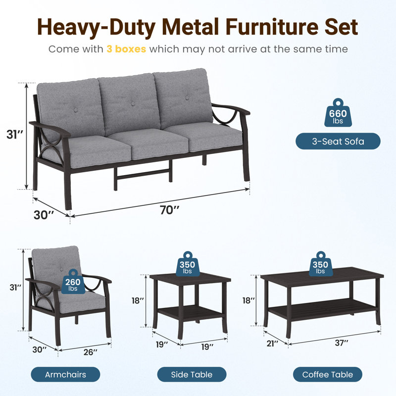 5-piece Outdoor Patio Furniture Set, Coffee Frame/Gray Cushion