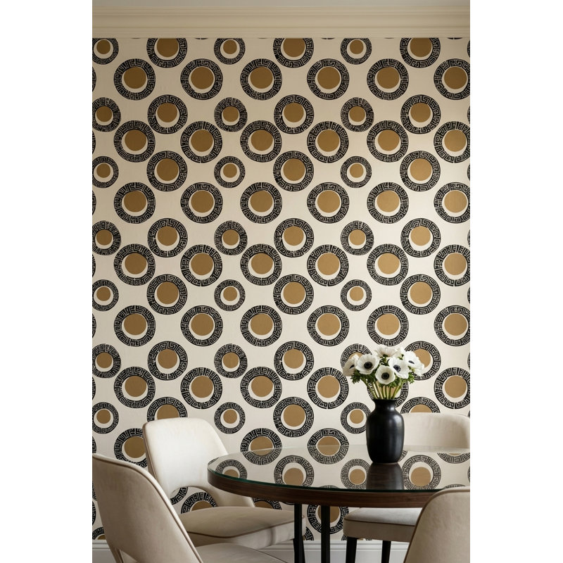 Papier peint grec à motif géométrique cercles géométriques noir et brun clair, Peel and Stick