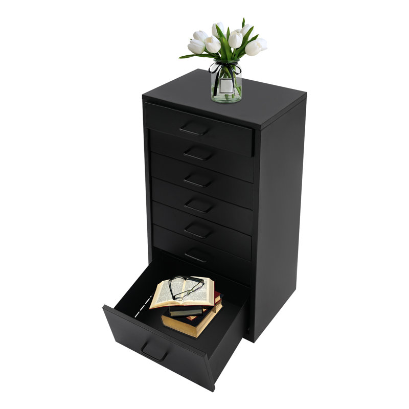 Table de chevet mobile avec 7 tiroirs, Noir