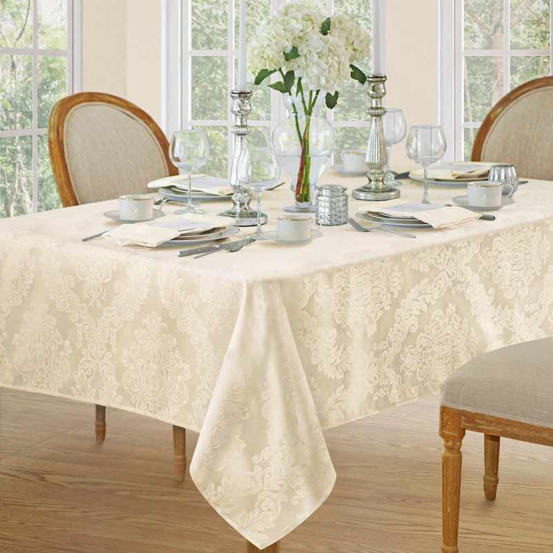 Antique Ivory Damask Fabric Square Tablecloth, 52" x 52"