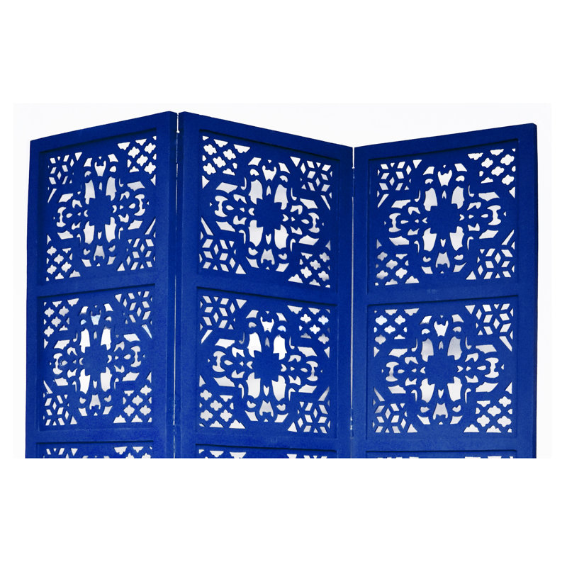 Cloison 3 panneaux en bois massif Goddard, bleu