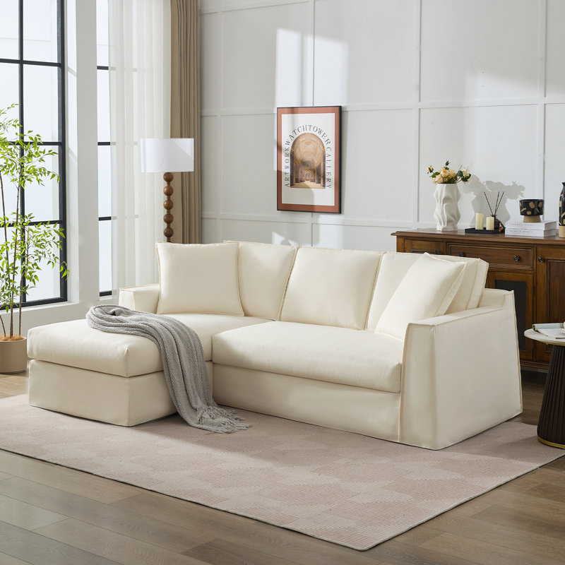 L Shape White Farmhouse Upholstered Slipcovered Sofa With Chaise, Beige