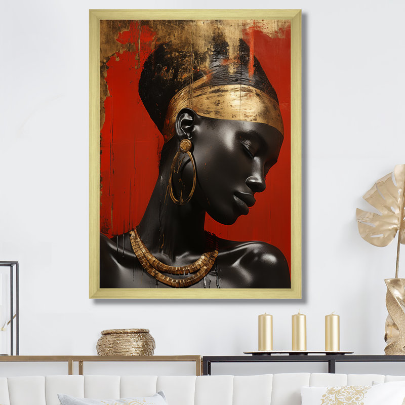 Diva afro-américaine dorée et rouge - art mural égyptien, Cadre doré simple, H 32 po x l 24 po x P 1 po