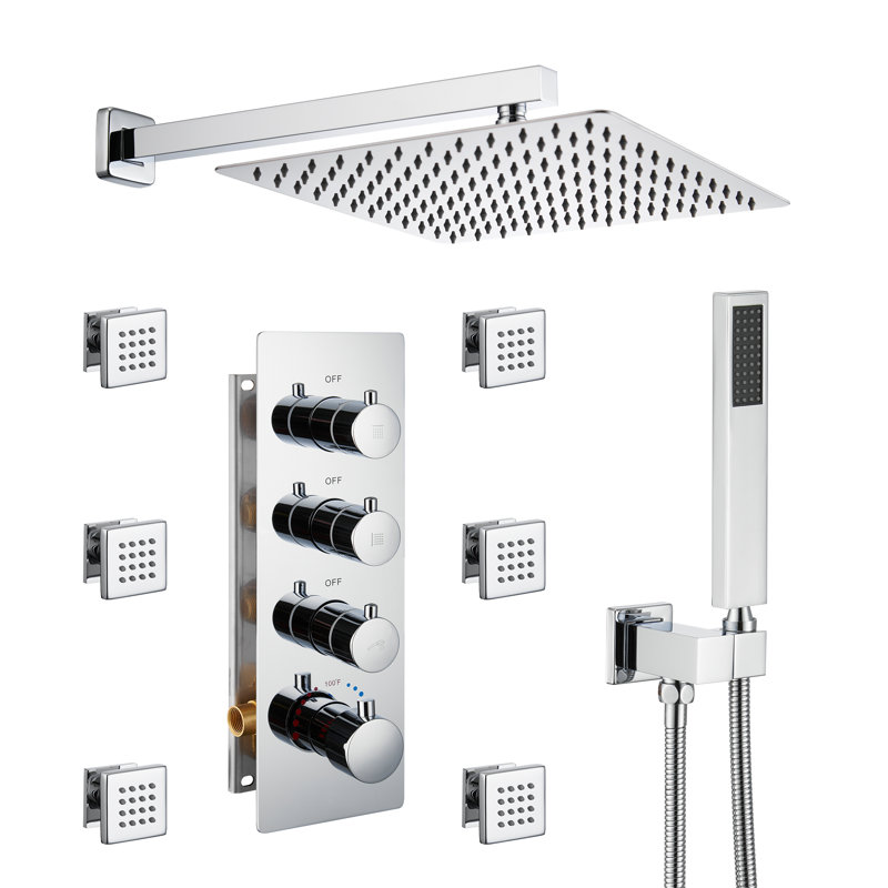 Herathena 3 Functions Wall Mounted Luxury Shower System with 6 Body Jets (Rough-in Valve Included), Chrome