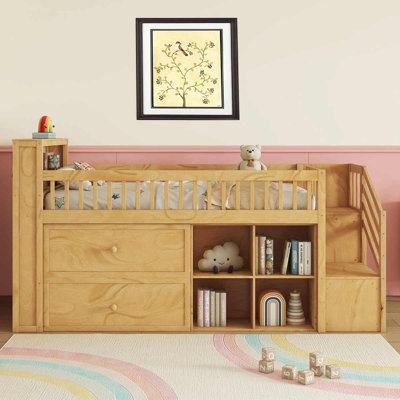 Twin Size Loft Bed With LED And Bookshelf, Loft Bed With Storage Drawers And Shelves
