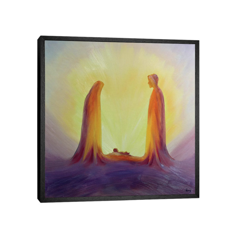 Mary And Joseph Look With Faith On The Child Jesus At His Nativity, 1995 by Elizabeth Wang - Painting on Canvas, Black Framed