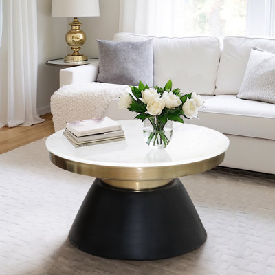 17"H Black and Gold Banded Metal Round Coffee Table with Wood and Iron Accent Construction for Modern Living Spaces