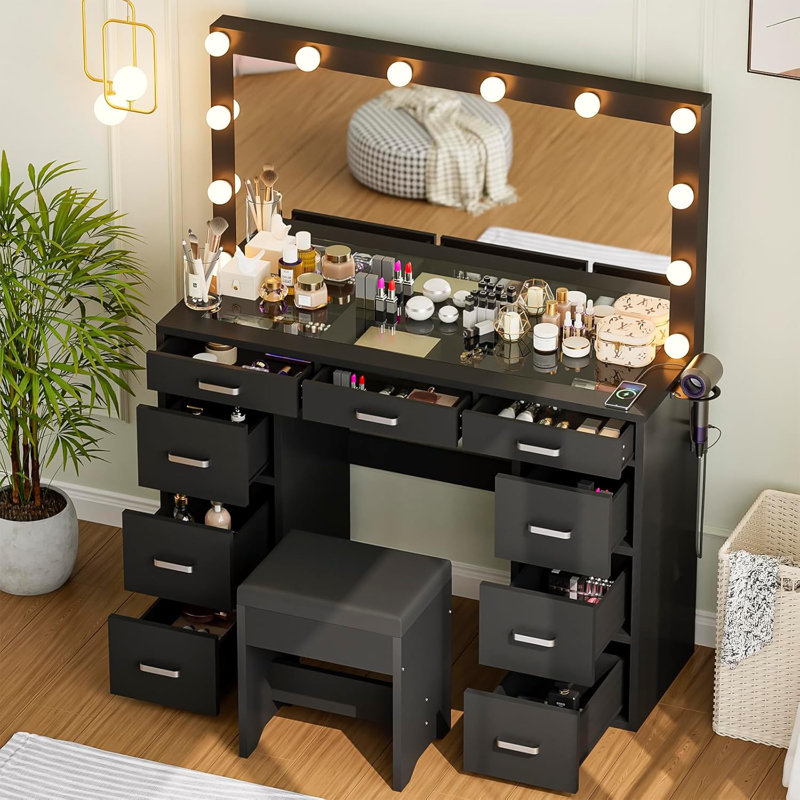 Très grande coiffeuse 47,2 "avec tabouret, lumières, prise USB et 9 tiroirs, Noir, noir, noir, noir
