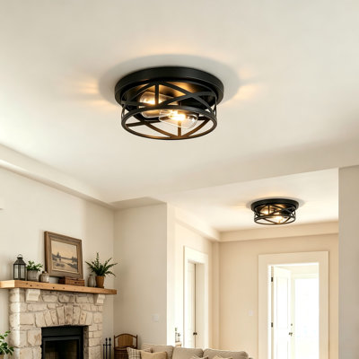 2-Light Industrial Farmhouse Metal Cage  Flush Mount Ceiling Light For Kitchen Entryway Hallway E26 Base (10.63In)