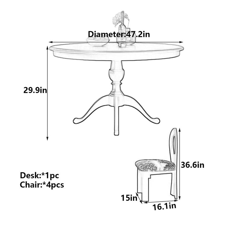 Table de salle à manger Retro American-French, H 29,9 po x l 47,2 po x P 47,2 po, 5 pièces: table, 4 chaises