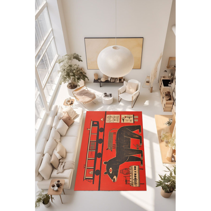Tapis décoratif moderne noir et rouge à motif d'animaux lavables de la collection Waso