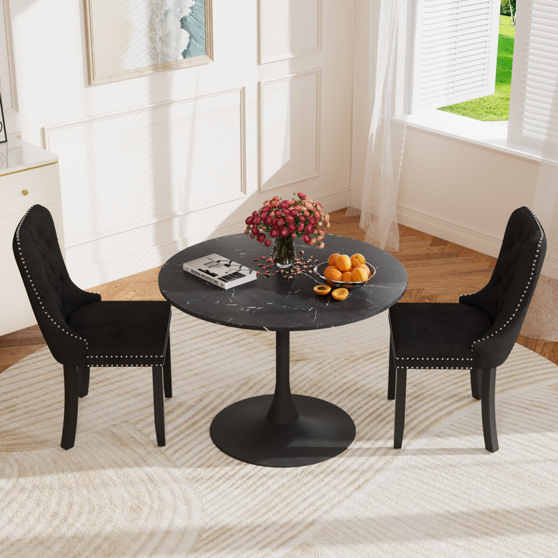 Dining Table Set for 2 with Velvet Upholstered Chairs, Black, Black