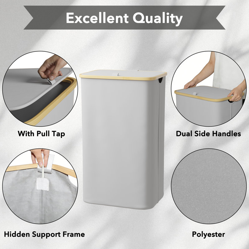 Laundry Hamper with Lid, 110L Large Collapsible Clothes Basket with Bamboo Handles for Bedroom, Bathroom, Dorm and Laundry Room