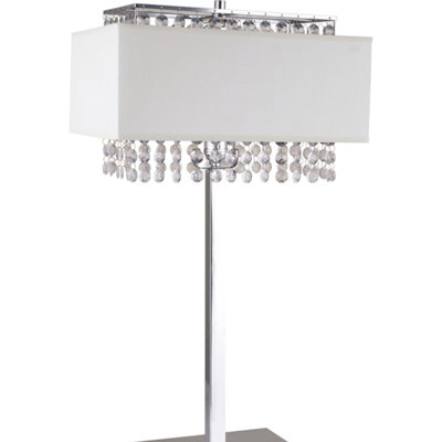 Lampe de table de 28 po en métal avec finition argentée, abat-jour blanc avec détails en cristal