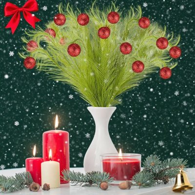 10 pièces de décoration d'arbre de Noël 17 po vert lime bouclés avec des boules rouges de tiges artificielles vertes pour la maison de Noël