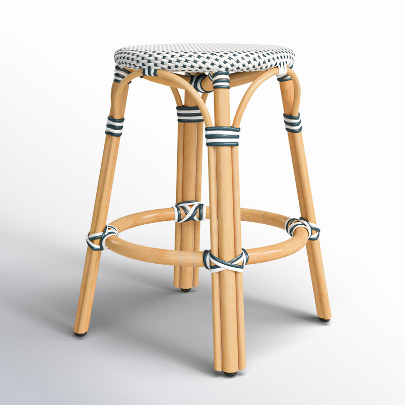 Tobias Rattan Bar Stool & Counter Stool, Counter Stool (24" Seat Height), White/Navy Dot/Natural Rattan Frame